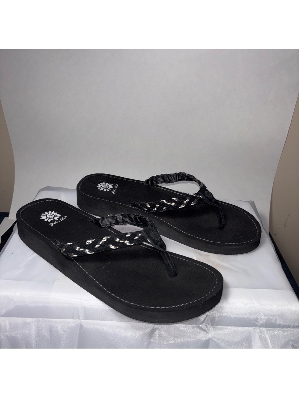 Yellow Box Black Braided Strap Wedge Flip Flops Sandals